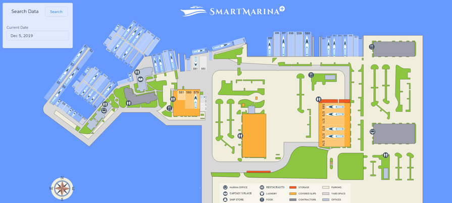 interactive map showing slips and vessels. Complete overview of marina management. Best marina software feature based on CRM technology